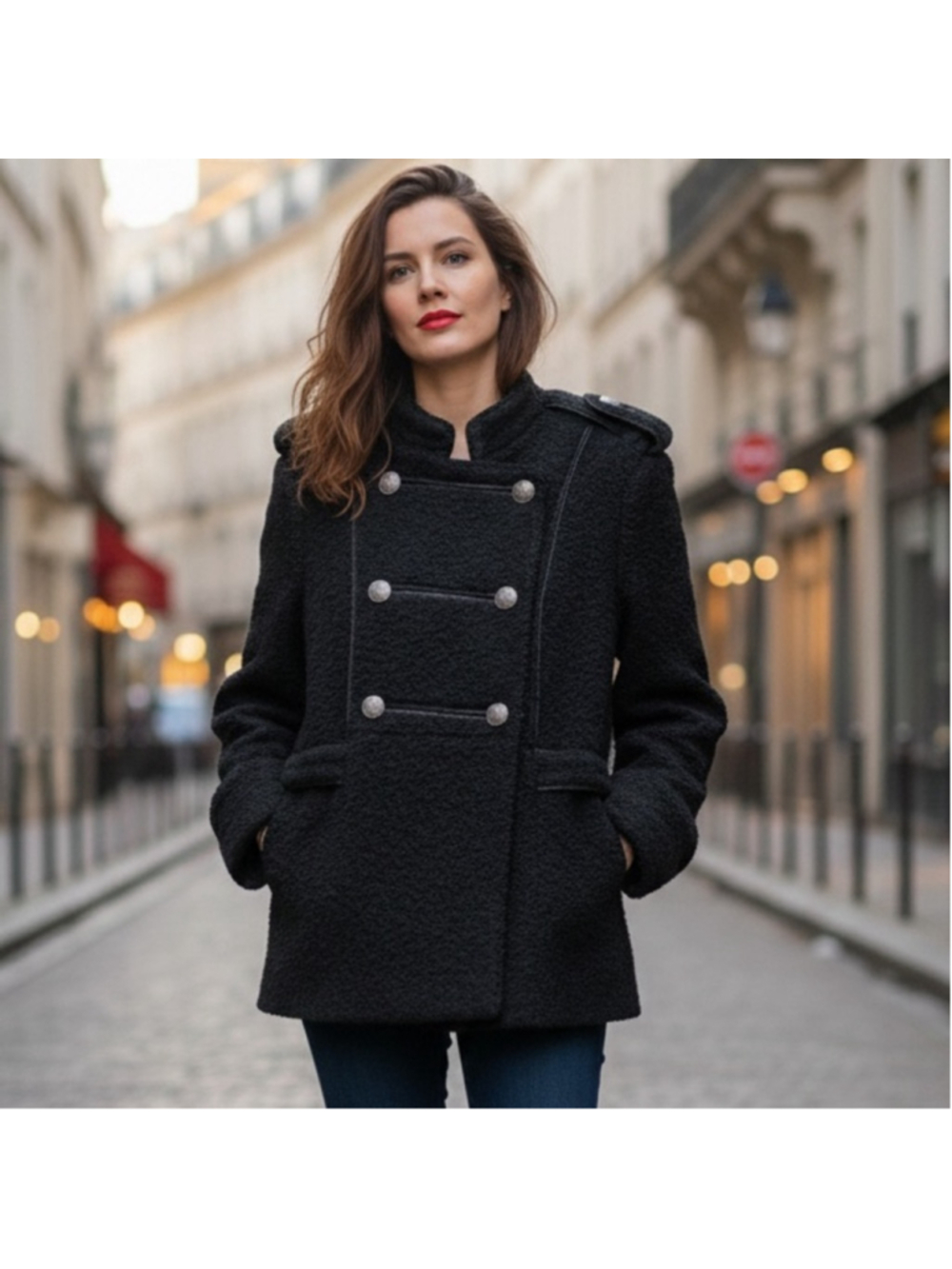 Nizan Black Boucle Wool Napoleon Coat Size XL